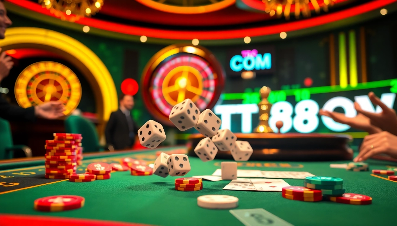 A casino scene showcasing players at a TR88 COM table, enjoying poker with vibrant excitement.