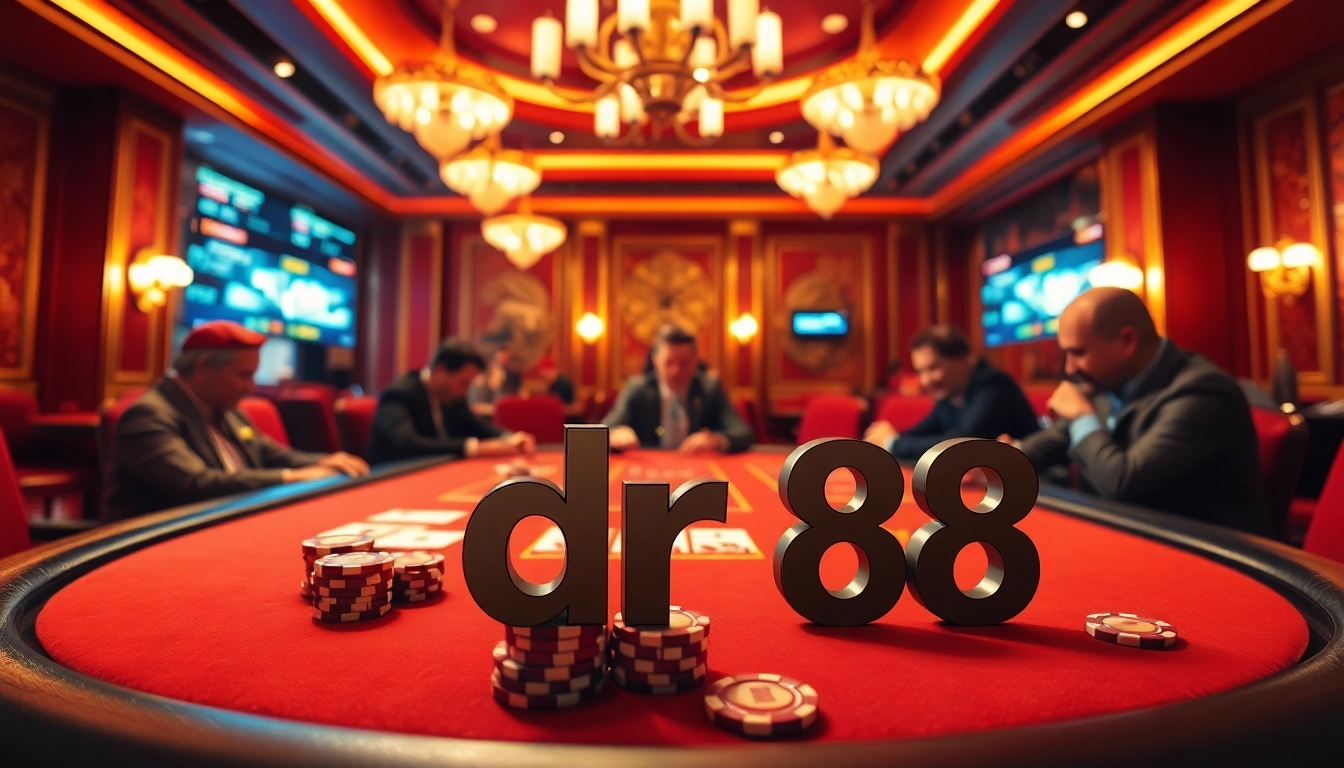 Experience the excitement of the dr88 casino with players engaged at a vibrant poker table amidst luxurious surroundings.