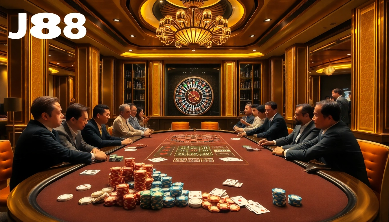 Experience high-stakes action with J88 at a luxurious casino poker table filled with vibrant chips.