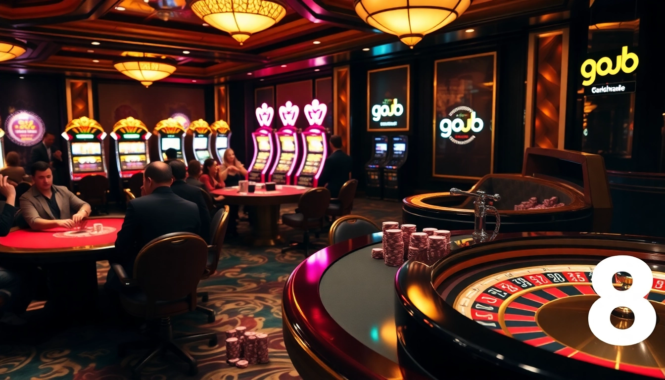Experience thrilling gameplay at the go8 casino tables, filled with poker chips and vibrant slot machines.