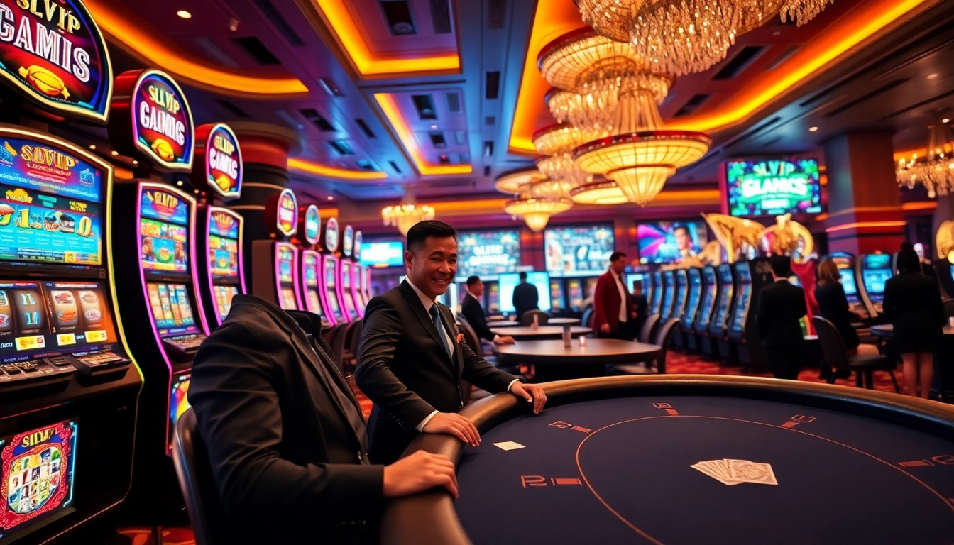 Experience excitement at https://slvip1.com.ph/ with vibrant slot machines in a luxurious casino setting.