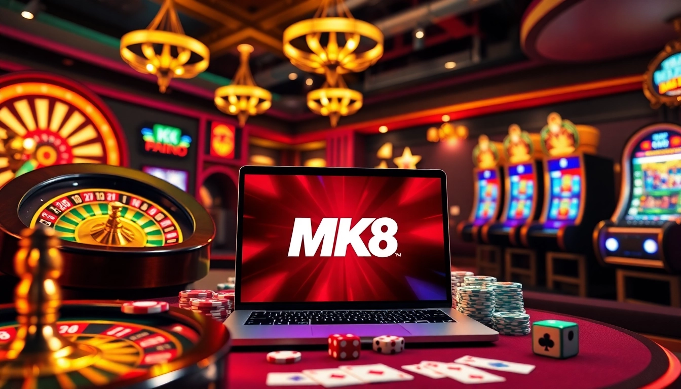 Engage with online gambling excitement at https://mk8.ac/ featuring vibrant slots, poker chips, and roulette wheels.