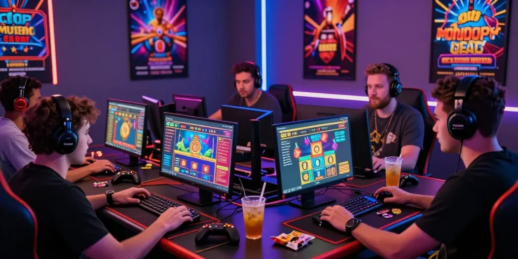 Engaged players experiencing credit card casinos in a vibrant online gaming atmosphere with modern setups.