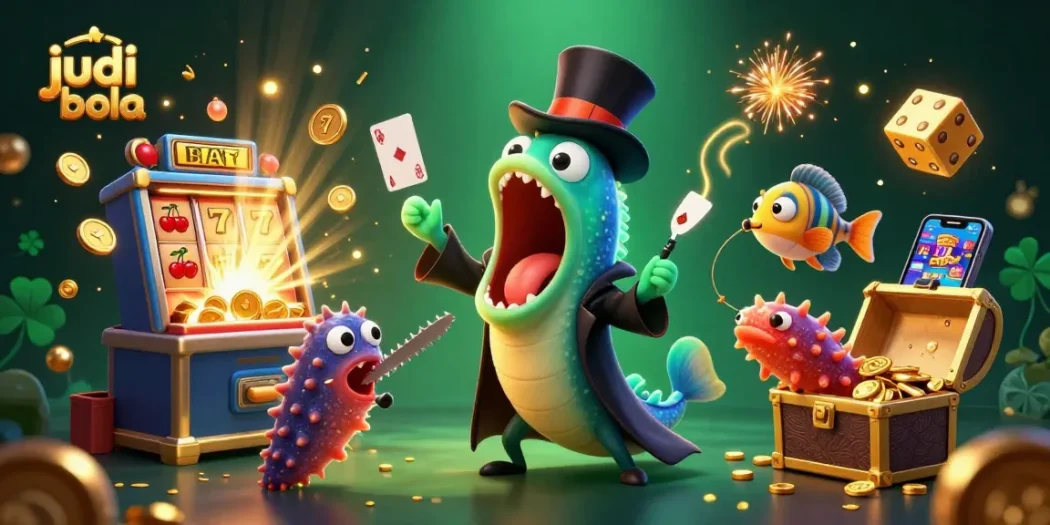 Experience judi bola thrills with animated characters and vibrant casino elements in a captivating scene.